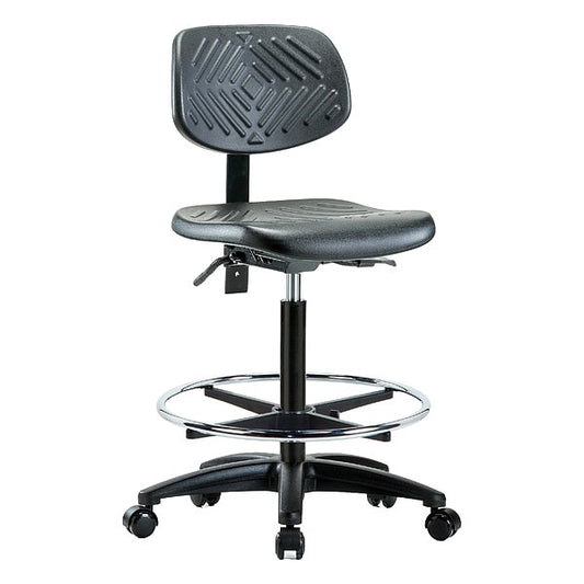 Blue Ridge Ergonomics PHBCH-RG-T1-A0-CF-RC-BLK Polyurethane Chair - High Bench Height with Seat Tilt, Chrome Foot Ring, & Casters in Black Polyurethane