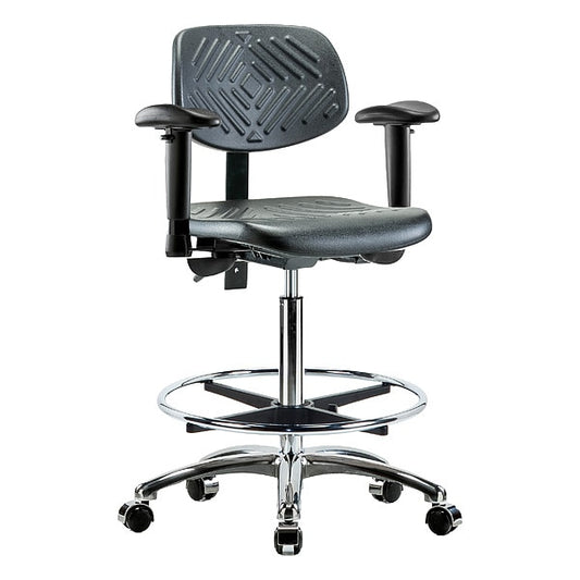 Blue Ridge Ergonomics PHBCH-CR-T0-A1-CF-CC-BLK Polyurethane Chair Chrome - High Bench Height with Adjustable Arms, Chrome Foot Ring, & Casters in Black Polyurethane
