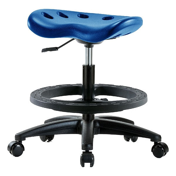 Blue Ridge Ergonomics PTMBSL-RG-BF-RC-BLU Polyurethane Tractor Stool - Medium Bench Height with Black Foot Ring & Casters in Blue Polyurethane
