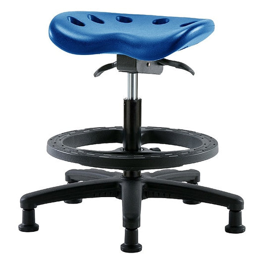 Blue Ridge Ergonomics PTMBSO-RG-BF-RG-BLU Polyurethane Tractor Sit-Stand Stool - Medium Bench Height with Black Foot Ring & Stationary Glides in Blue Polyurethane