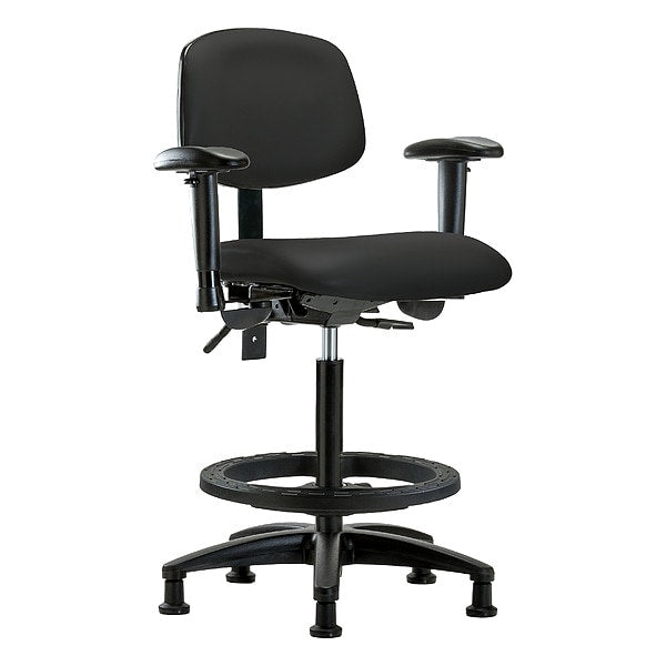 Blue Ridge Ergonomics VHBCH-RG-T0-A1-BF-RG-8540 Rutledge Vinyl Chair - High Bench Height with Adjustable Arms, Black Foot Ring, & Stationary Glides in Black Trailblazer™ Vinyl