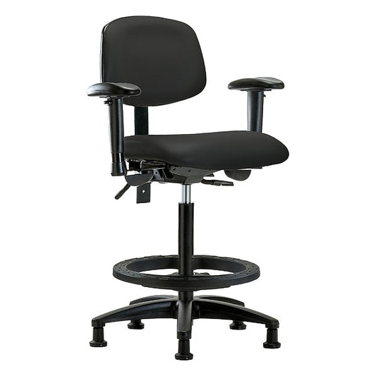 Blue Ridge Ergonomics VHBCH-RG-T0-A1-BF-RG-8540 Rutledge Vinyl Chair - High Bench Height with Adjustable Arms, Black Foot Ring, & Stationary Glides in Black Trailblazer™ Vinyl