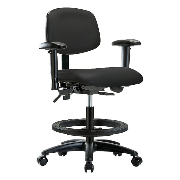 Blue Ridge Ergonomics VMBCH-RG-T1-A1-BF-RC-8540 Rutledge Vinyl Chair - Medium Bench Height with Seat Tilt, Adjustable Arms, Black Foot Ring, & Casters in Black Trailblazer™ Vinyl