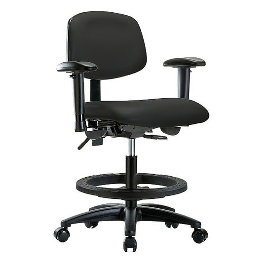 Blue Ridge Ergonomics VMBCH-RG-T1-A1-BF-RC-8540 Rutledge Vinyl Chair - Medium Bench Height with Seat Tilt, Adjustable Arms, Black Foot Ring, & Casters in Black Trailblazer™ Vinyl