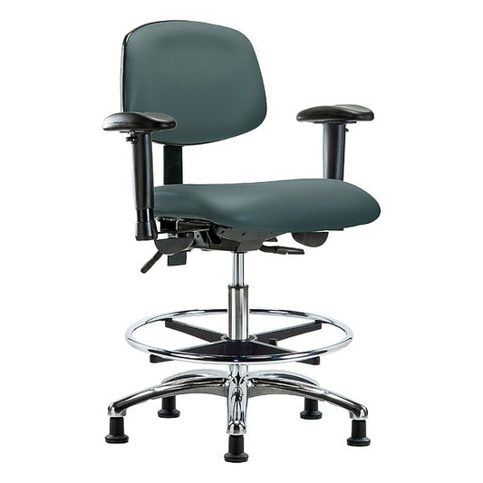 Blue Ridge Ergonomics VMBCH-CR-T0-A1-CF-RG-8546 Rutledge Vinyl Chair Chrome - Medium Bench Height with Adjustable Arms, Chrome Foot Ring, & Stationary Glides in Colonial Blue Trailblazer™ Vinyl