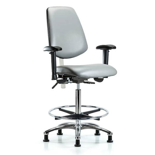 Blue Ridge Ergonomics NCR-VHBCH-CR-T0-A0-CF-CC-8840 Class 100 Vinyl Clean Room Chair - High Bench Height with Chrome Foot Ring & Casters in Sterling Supernova™ Vinyl
