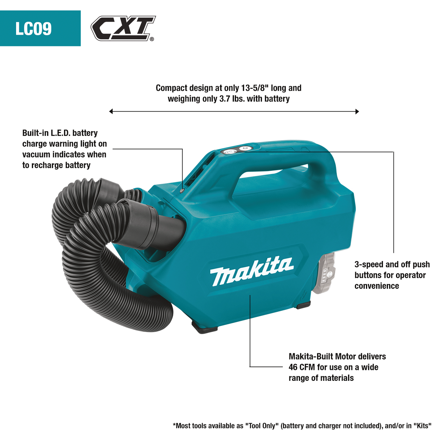 Makita LC09Z 12V max CXT® Lithium‘Ion Cordless Vacuum, Tool Only