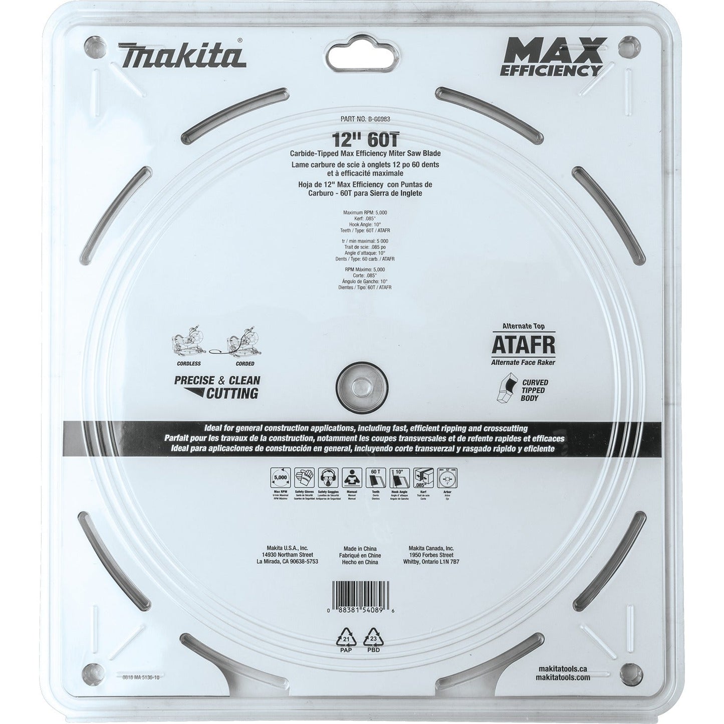 Makita B-66983 12" 60T Carbide‘Tipped Max Efficiency Miter Saw Blade