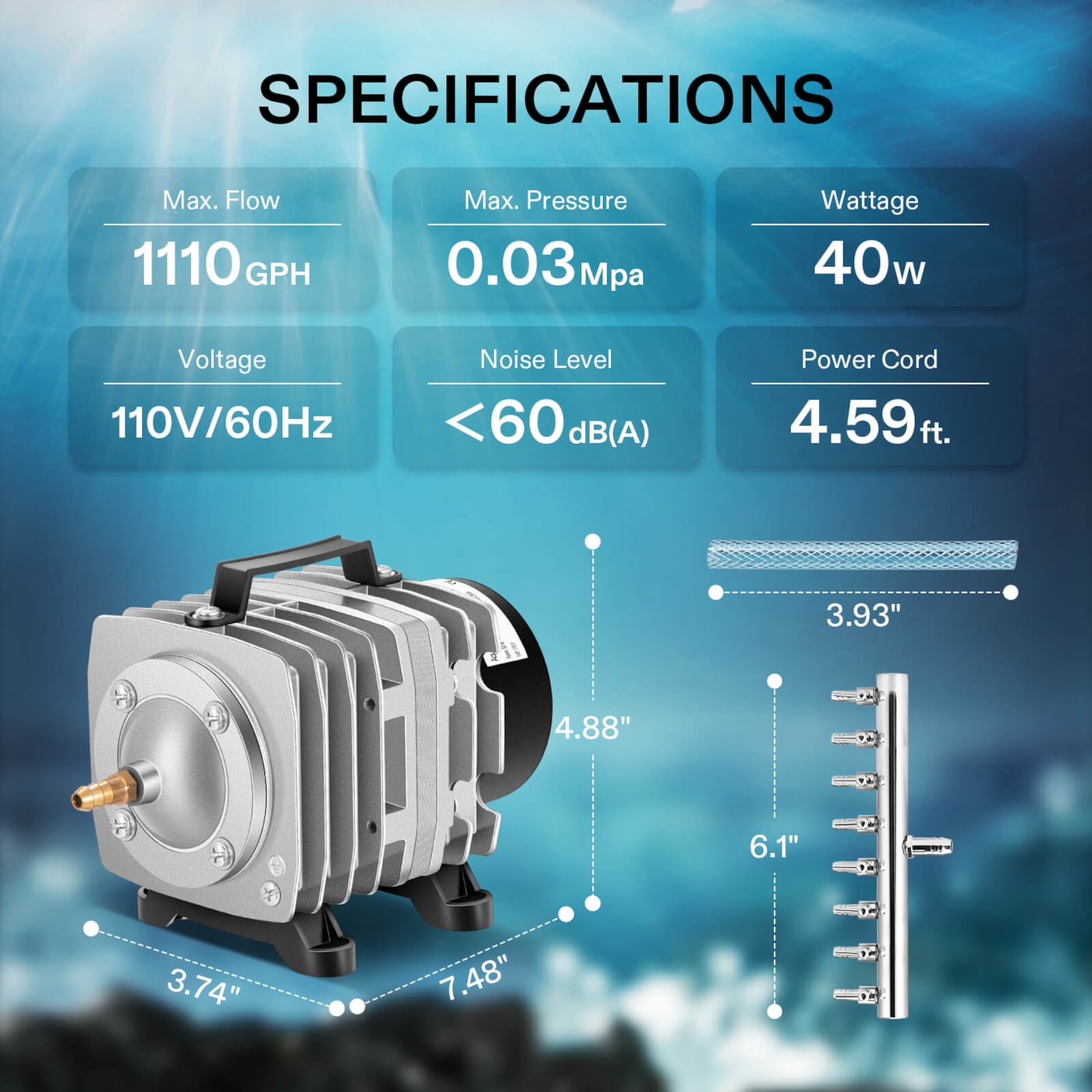 Vivosun 40W 1110 GPH Commercial Air Pump 8 Outlet 70L/min