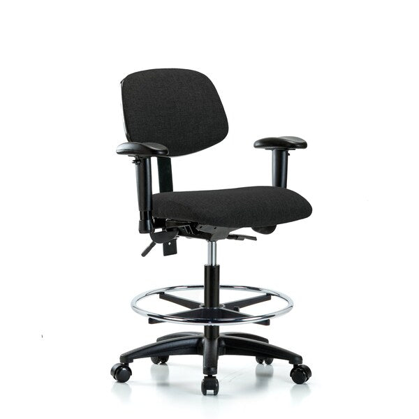 Blue Ridge Ergonomics FMBCH-RG-T1-A1-CF-RC-F42 Rutledge Fabric Chair - Medium Bench Height with Seat Tilt, Adjustable Arms, Chrome Foot Ring, & Casters in Black Fabric