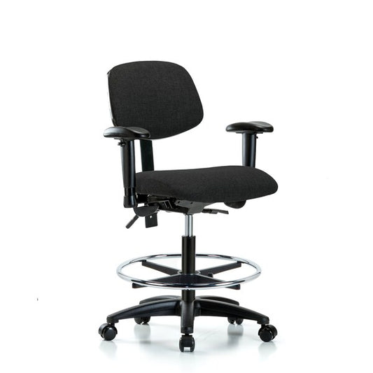 Blue Ridge Ergonomics FMBCH-RG-T1-A1-CF-RC-F42 Rutledge Fabric Chair - Medium Bench Height with Seat Tilt, Adjustable Arms, Chrome Foot Ring, & Casters in Black Fabric
