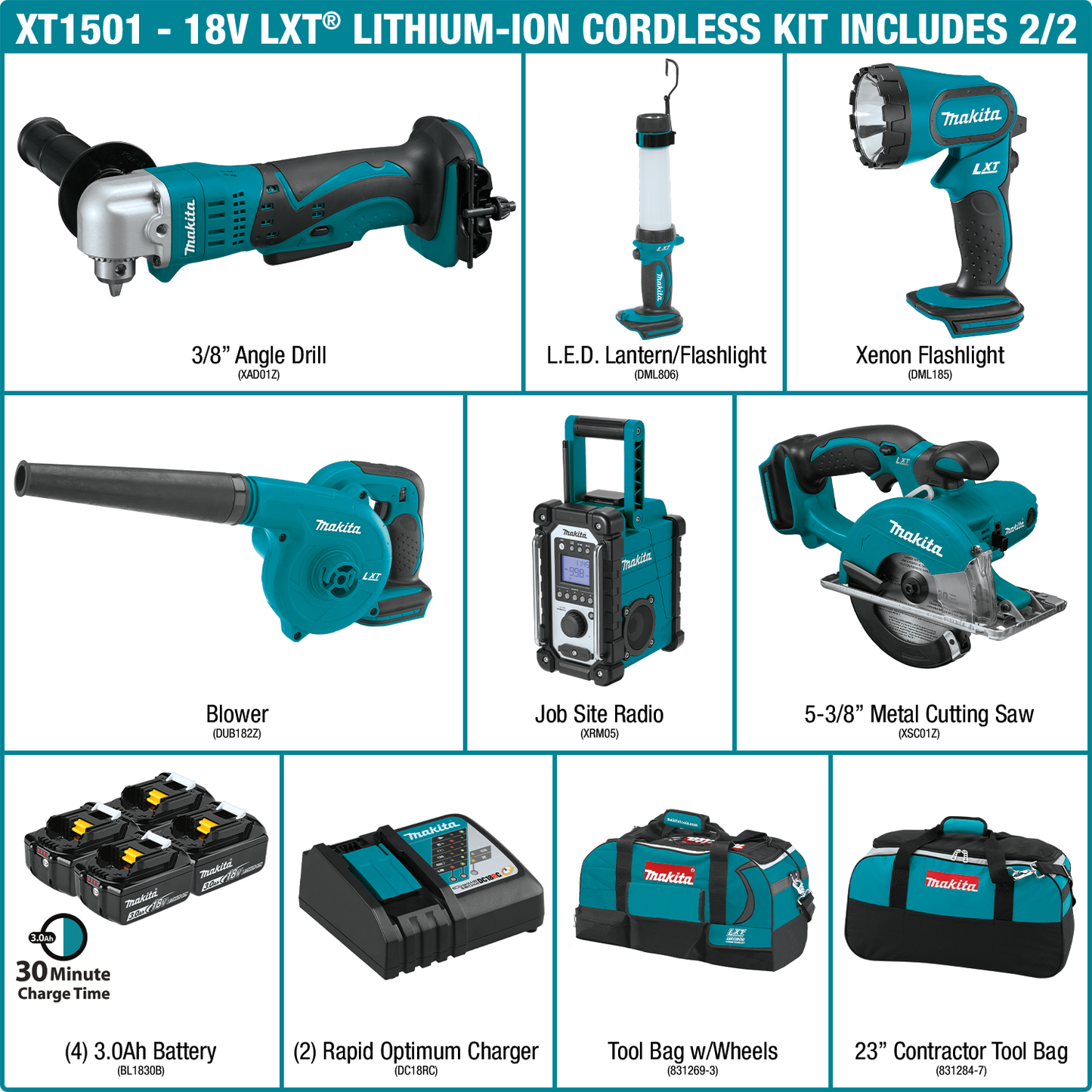 Makita XT1501 18V LXT® Lithium‘Ion Cordless 15‘Pc. Combo Kit (3.0Ah)