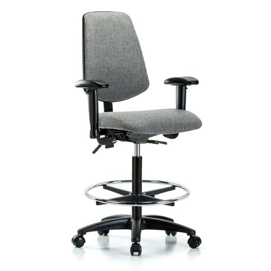 Blue Ridge Ergonomics FHBCH-MB-RG-T1-A1-CF-RC-F44 Rutledge Fabric Chair - High Bench Height with Medium Back, Seat Tilt, Adjustable Arms, Chrome Foot Ring, & Casters in Gray Fabric
