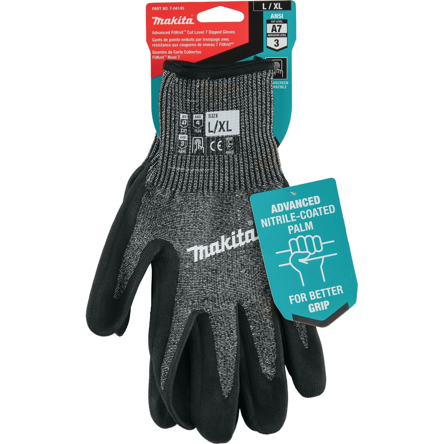 Makita T-04145 Advanced FitKnit, Cut Level 7 Nitrile Coated Dipped Gloves (Large/X‘Large)