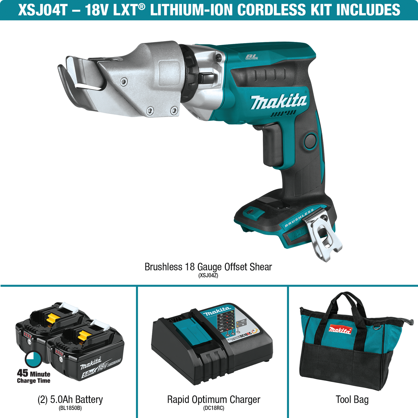 Makita XSJ04T 18V LXT® Lithium‘Ion Brushless Cordless 18 Gauge Offset Shear Kit (5.0Ah)