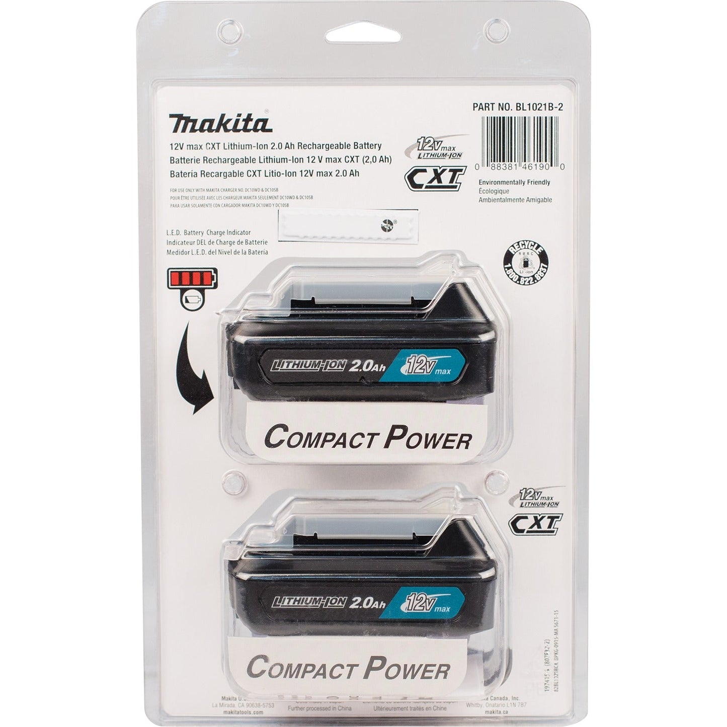 Makita BL1021B-2 12V max CXT® Lithium‘Ion 2.0Ah Battery, 2/pk