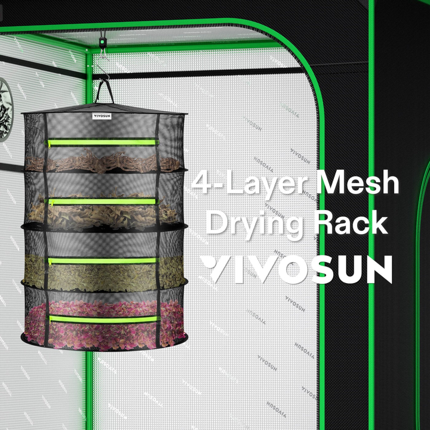 Vivosun 4-Layer Mesh Drying Rack Hanging Design with Green Zippers