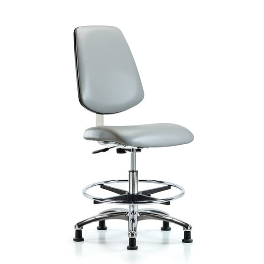 Blue Ridge Ergonomics CLR-VMBCH-MB-CR-CF-RG-8567 Class 10 Clean Room Vinyl Chair Chrome - Medium Bench Height with Medium Back, Chrome Foot Ring, & Stationary Glides in Dove Trailblazer™ Vinyl