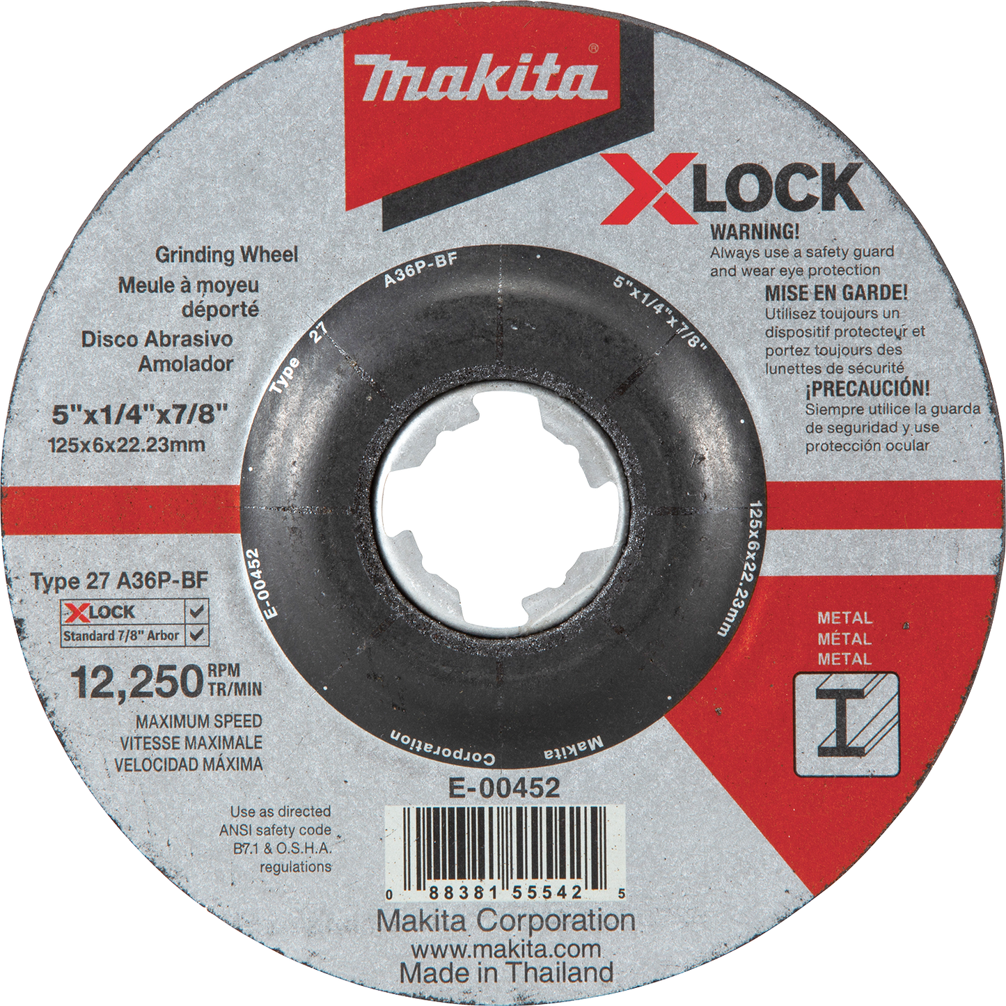 Makita E-00452 X‘LOCK 5" x 1/4" x 7/8" Type 27 General Purpose 36 Grit Metal Abrasive Grinding Wheel