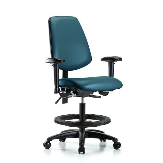 Blue Ridge Ergonomics VMBCH-MB-RG-T1-A1-BF-RC-8801 Rutledge Vinyl Chair - Medium Bench Height with Medium Back, Seat Tilt, Adjustable Arms, Black Foot Ring, & Casters in Marine Blue Supernova™ Vinyl