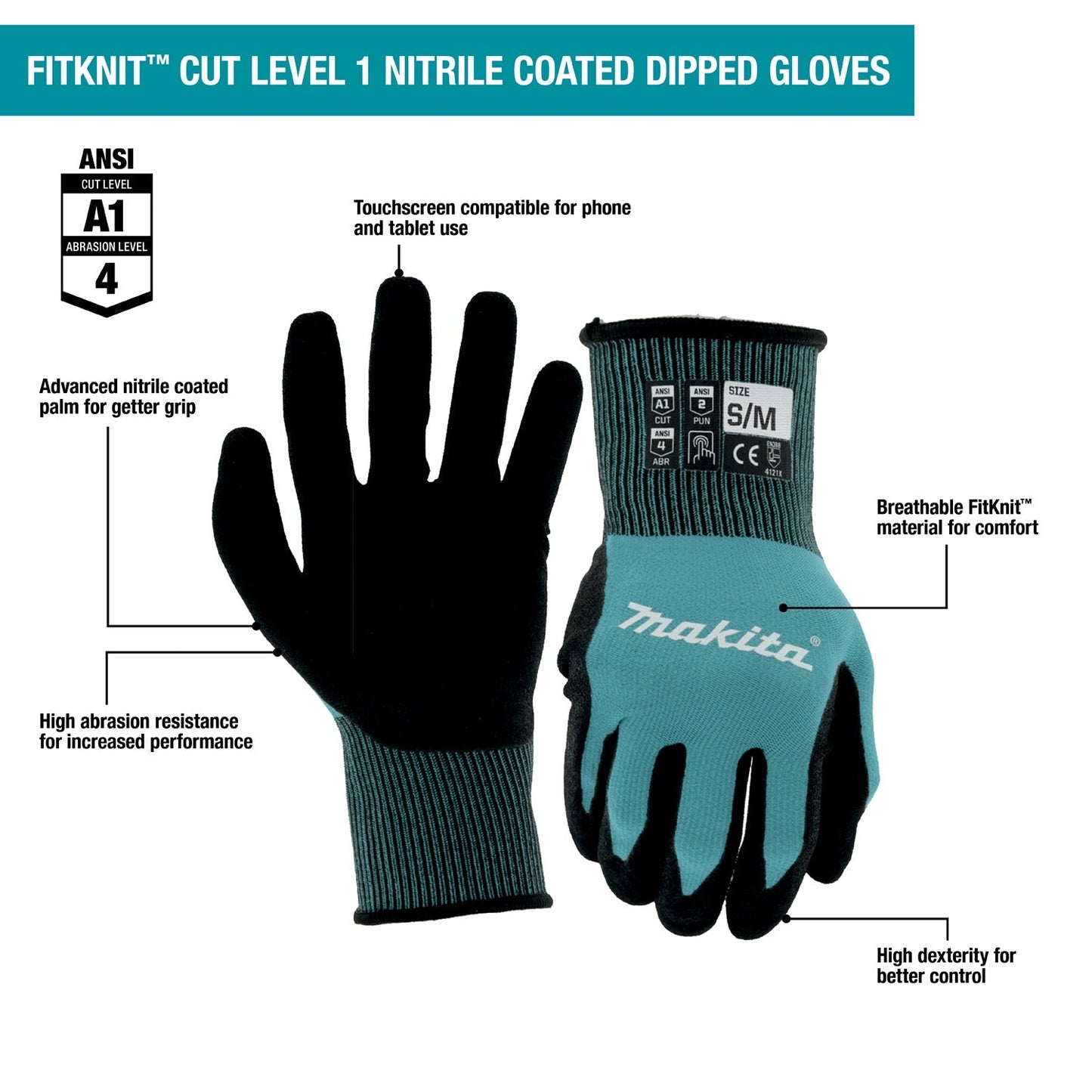 Makita T-04117 FitKnit, Cut Level 1 Nitrile Coated Dipped Gloves (Small/Medium)