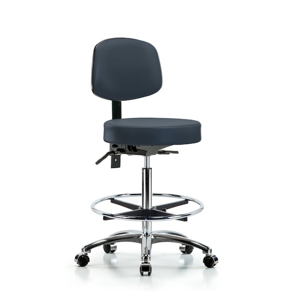 Blue Ridge Ergonomics VHBST-CR-T0-CF-CC-8582 Rutledge Vinyl Stool with Back Chrome - High Bench Height with Chrome Foot Ring & Casters in Imperial Blue Trailblazer™ Vinyl