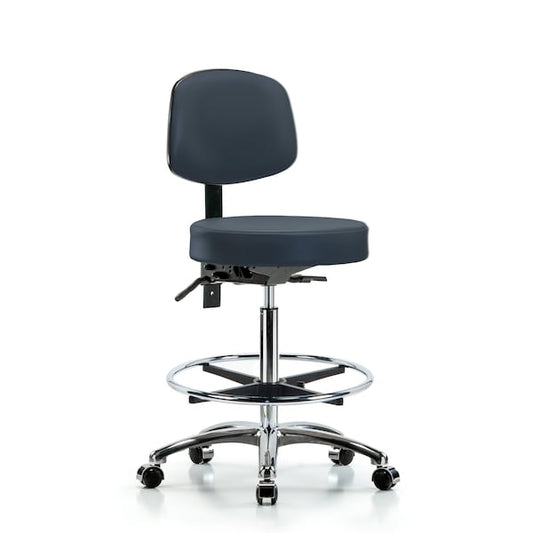 Blue Ridge Ergonomics VHBST-CR-T0-CF-CC-8582 Rutledge Vinyl Stool with Back Chrome - High Bench Height with Chrome Foot Ring & Casters in Imperial Blue Trailblazer™ Vinyl