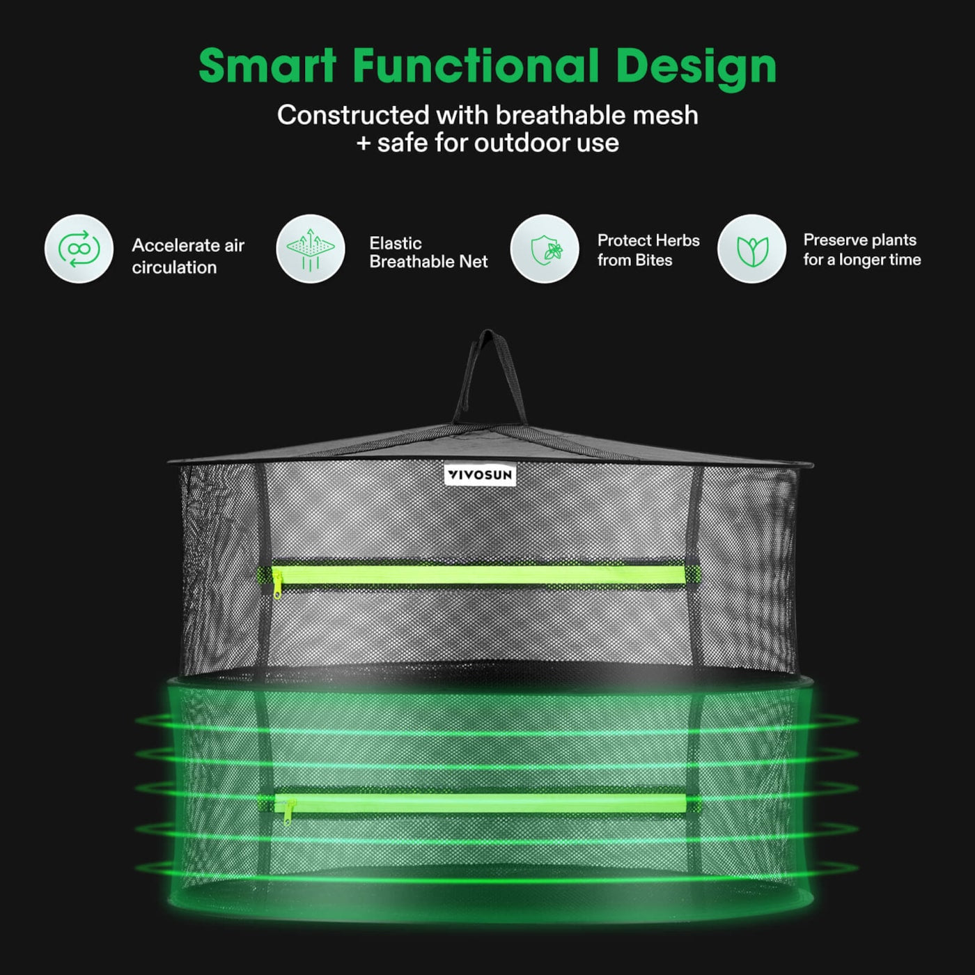 Vivosun 2-Layer Mesh Drying Rack Hanging Design with Green Zippers