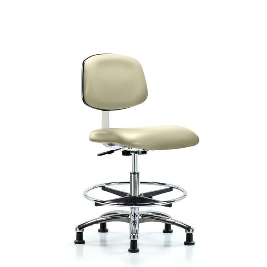 Blue Ridge Ergonomics CLR-VMBCH-CR-CF-RG-8501 Class 10 Clean Room Vinyl Chair Chrome - Medium Bench Height with Chrome Foot Ring & Stationary Glides in Adobe White Trailblazer™ Vinyl