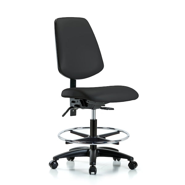 Blue Ridge Ergonomics VMBCH-MB-RG-T1-A0-CF-RC-8540 Rutledge Vinyl Chair - Medium Bench Height with Medium Back, Seat Tilt, Chrome Foot Ring, & Casters in Black Trailblazer™ Vinyl