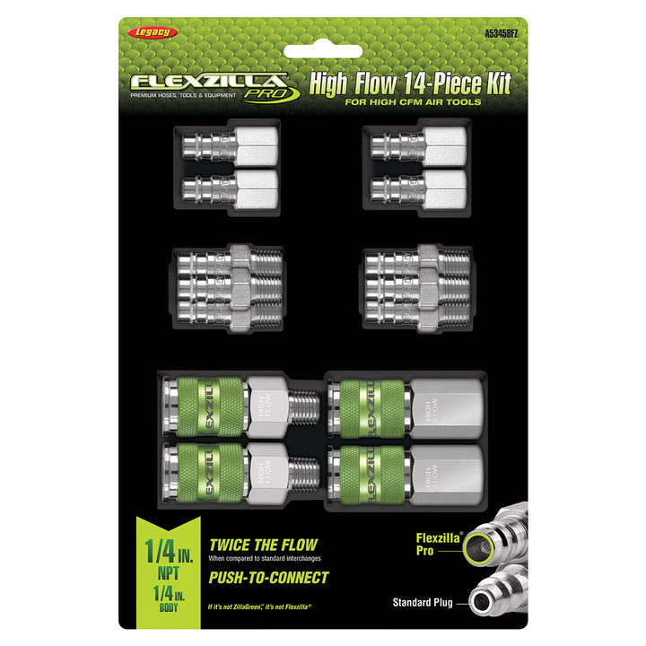 FlexZilla A53458FZ Pro High Flow Coupler and Plug Kit, 14-Piece, 1/4" Body, 1/4" NPT
