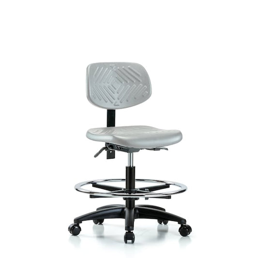 Blue Ridge Ergonomics PMBCH-RG-T0-A0-CF-RC-GRY Polyurethane Chair - Medium Bench Height with Chrome Foot Ring & Casters in Gray Polyurethane