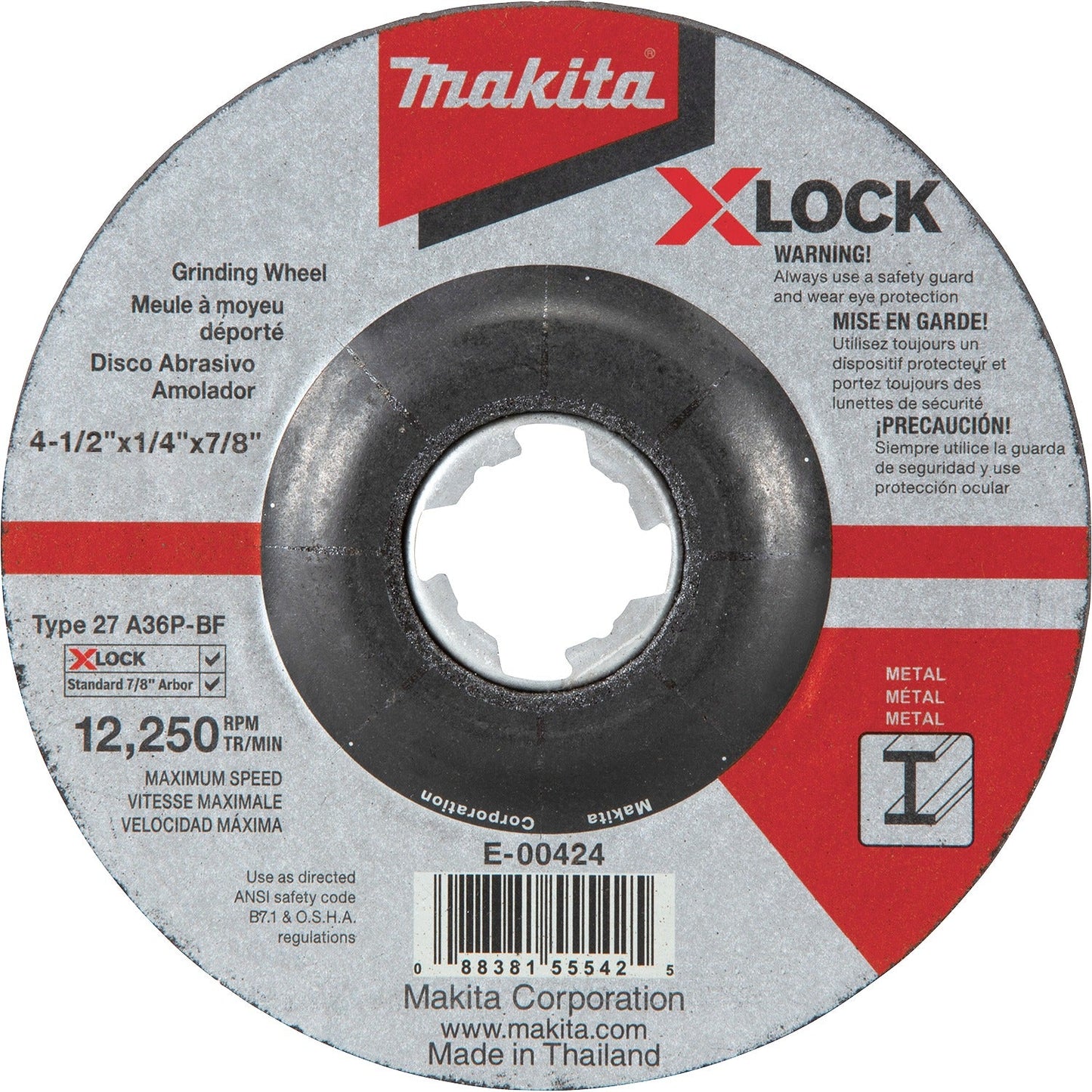 Makita E-00430 X‘LOCK 4‘1/2" x 1/4" x 7/8" Type 27 General Purpose 36 Grit Abrasive Grinding Wheel for Metal & Stainless Steel Grinding