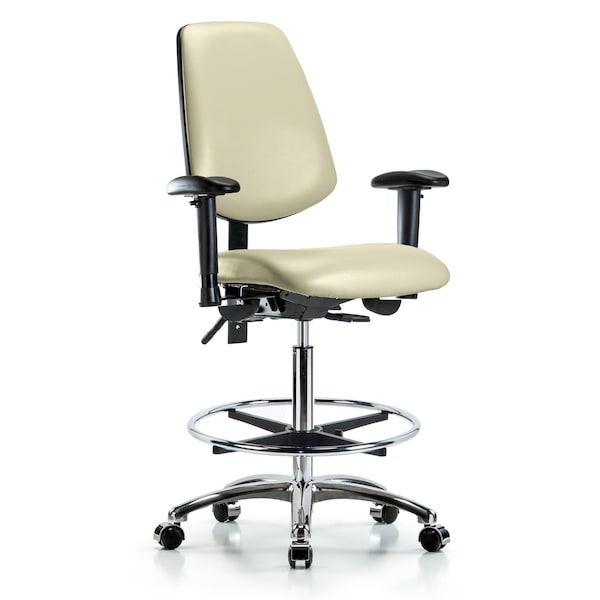 Blue Ridge Ergonomics VHBCH-MB-CR-T1-A1-CF-CC-8501 Rutledge Vinyl Chair Chrome - High Bench Height with Medium Back, Seat Tilt, Adjustable Arms, Chrome Foot Ring, & Casters in Adobe White Trailblazer™ Vinyl