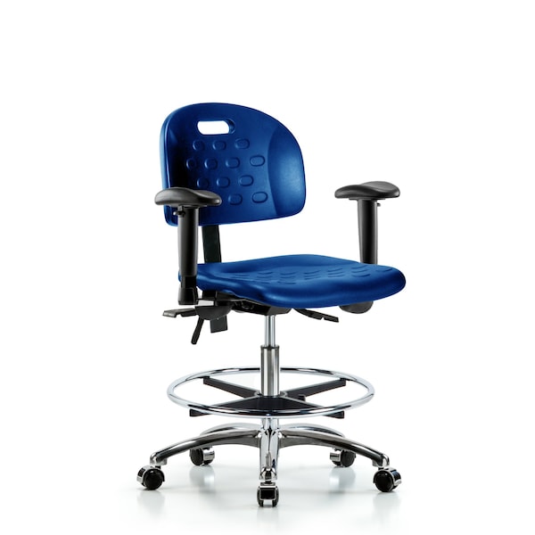 Blue Ridge Ergonomics HPMBCH-CR-T1-A1-NF-CC-BLK Newport Industrial Polyurethane Chair Chrome - Medium Bench Height with Seat Tilt, Adjustable Arms, & Casters in Black Polyurethane