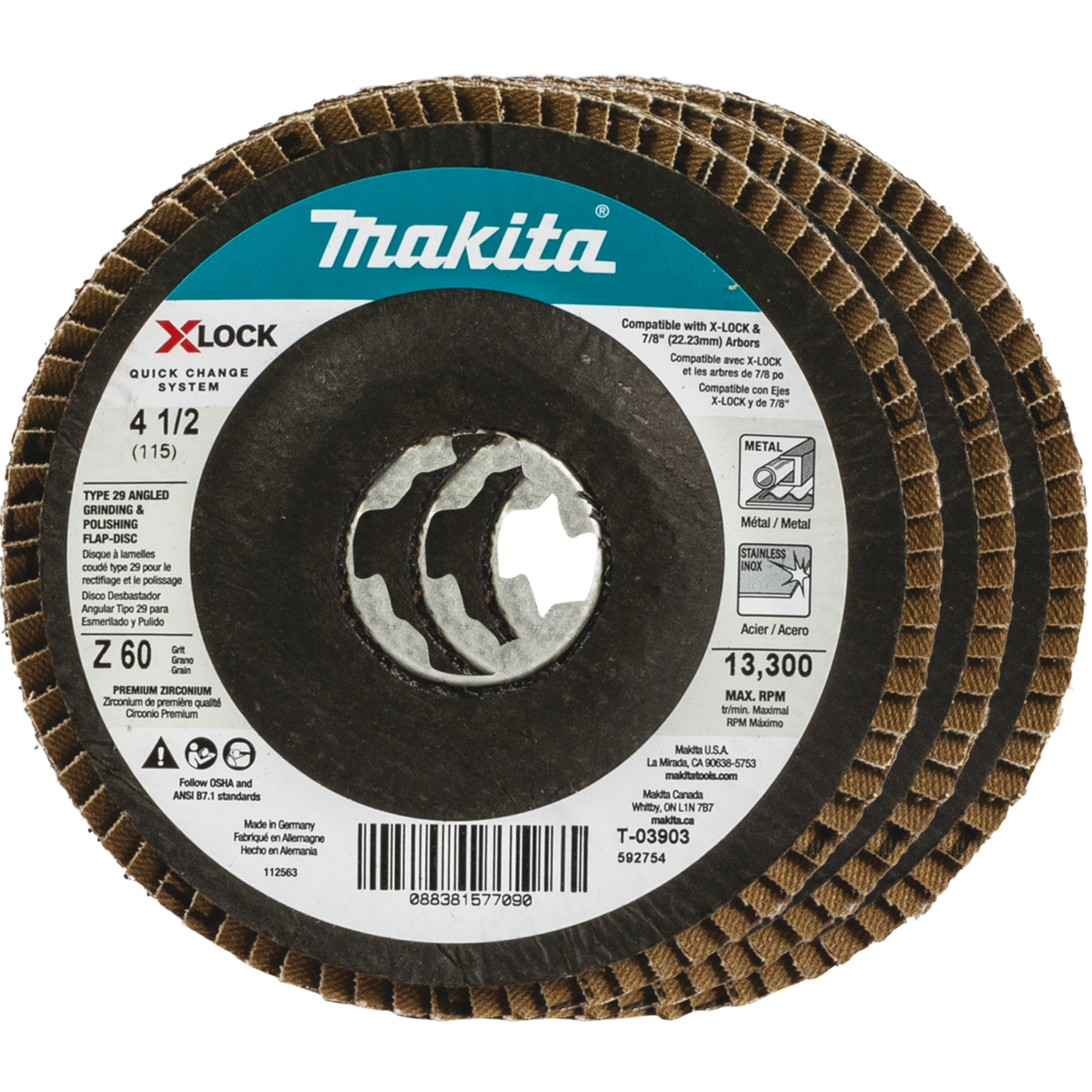 Makita T-03903-3 X‘LOCK 4‘1/2" 60 Grit Type 29 Angled Grinding and Polishing Flap Disc X‘LOCK and All 7/8" Arbor Grinders, 3/pk