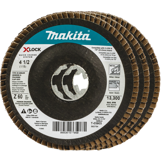 Makita T-03903-3 X‘LOCK 4‘1/2" 60 Grit Type 29 Angled Grinding and Polishing Flap Disc X‘LOCK and All 7/8" Arbor Grinders, 3/pk