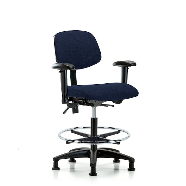 Blue Ridge Ergonomics FMBCH-RG-T0-A1-CF-RG-F45 Rutledge Fabric Chair - Medium Bench Height with Adjustable Arms, Chrome Foot Ring, & Stationary Glides in Navy Fabric