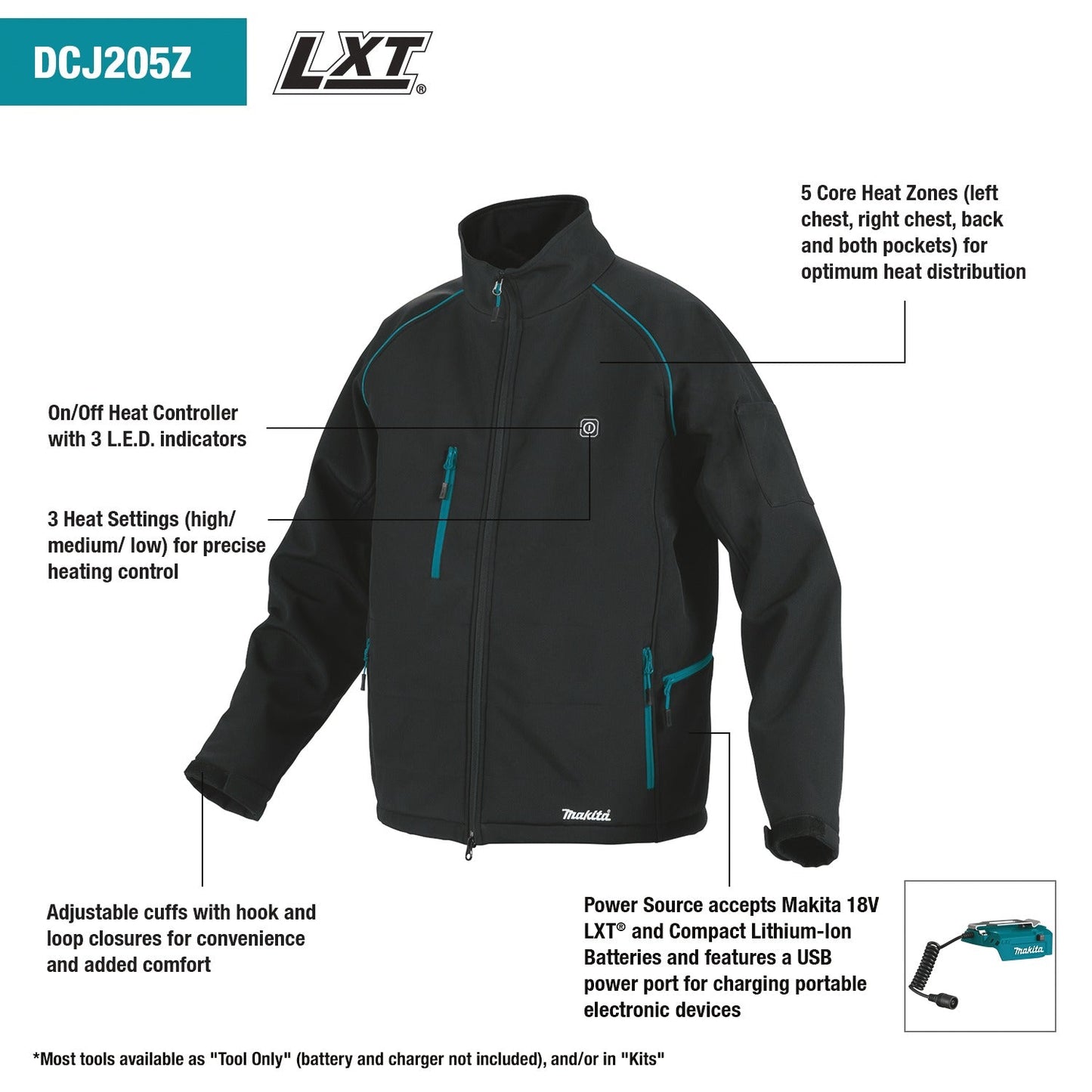 Makita DCJ205Z2XL 18V LXT® Lithium‘Ion Cordless Heated Jacket, Jacket Only (Black, 2XL)