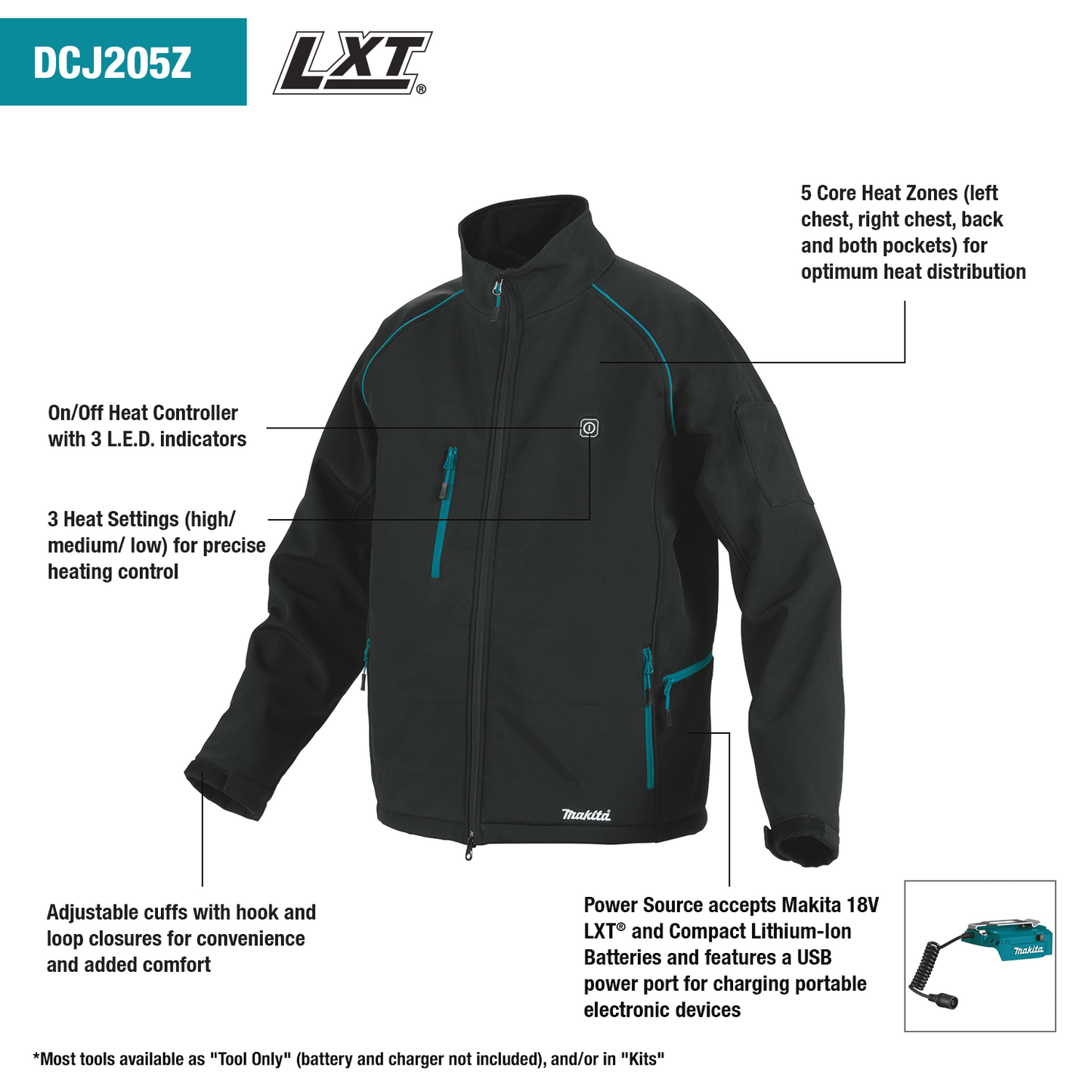 Makita DCJ205ZL 18V LXT® Lithium‘Ion Cordless Heated Jacket, Jacket Only (Black, L)