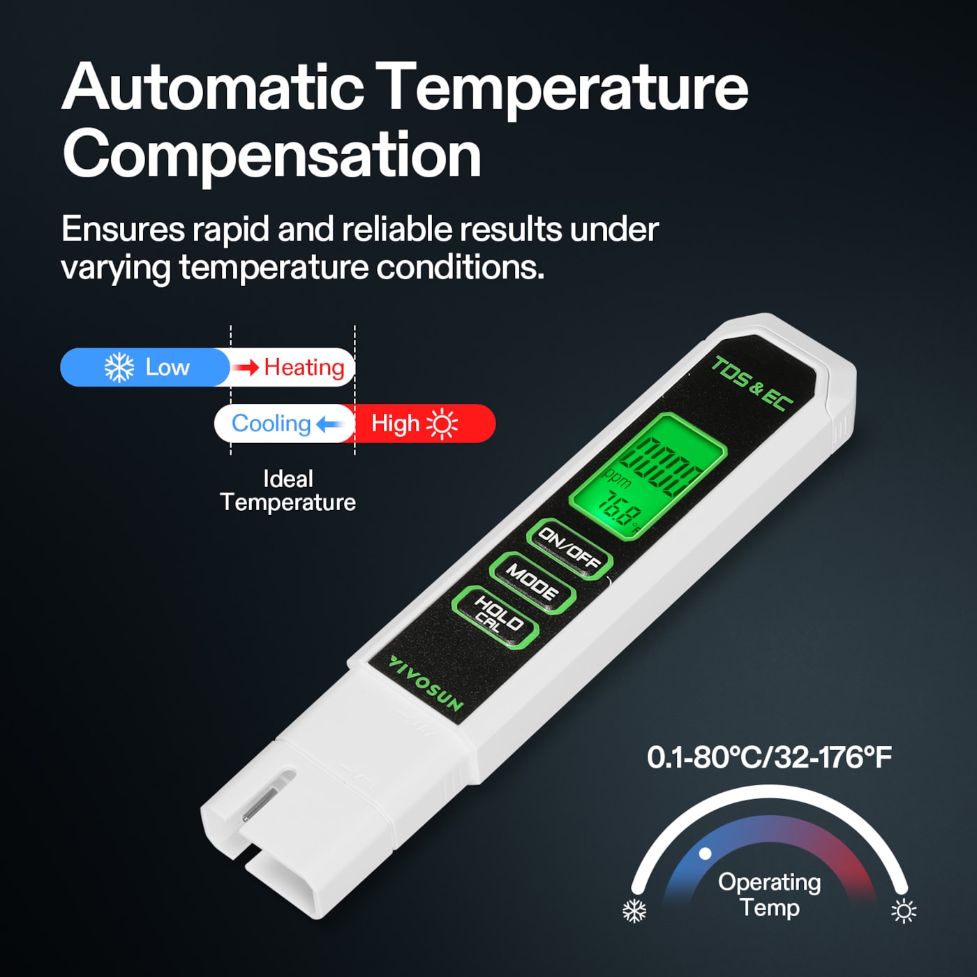 Vivosun 3 in 1 TDS, EC & Temperature Meter, for Drinking Water, Aquarium, Hydroponics, RO/DI System, Swimming Pool