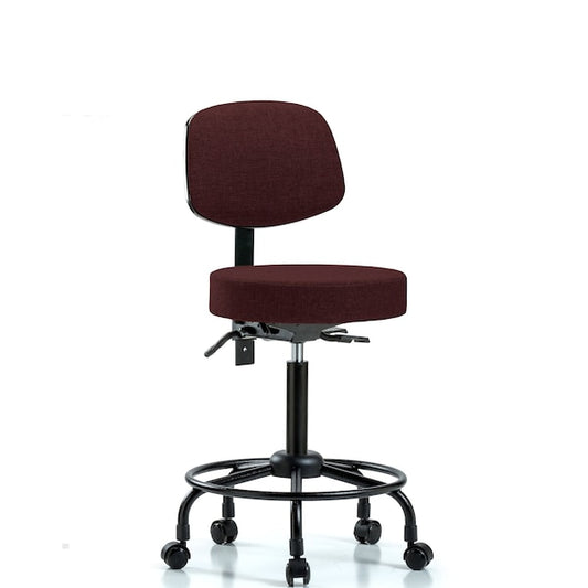 Blue Ridge Ergonomics FMBST-RT-T1-RC-F41 Rutledge Fabric Stool with Back - Medium Bench Height with Round Tube Base, Seat Tilt, & Casters in Burgundy Fabric