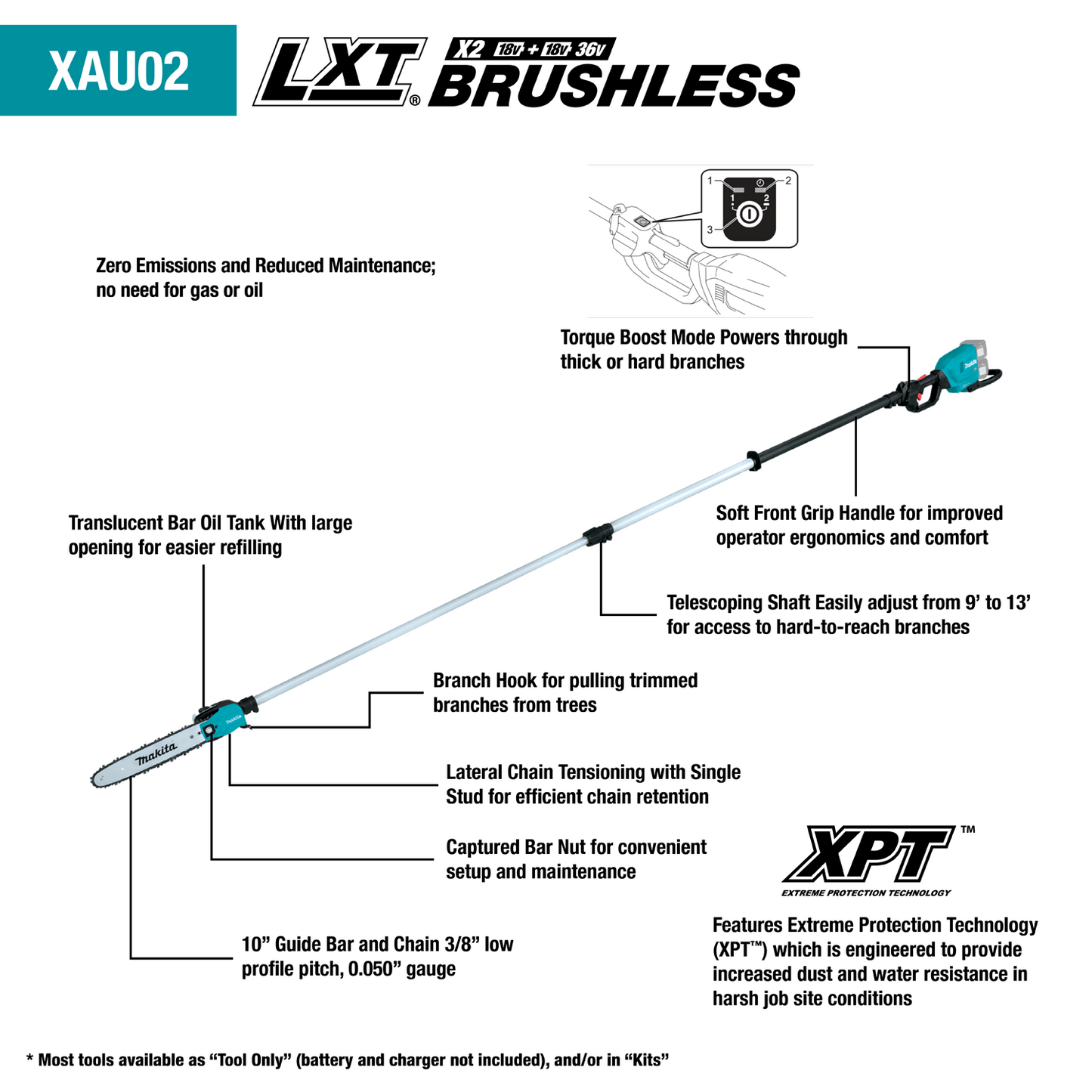 Makita XAU02ZB 36V (18V X2) LXT® Brushless 10" Telescoping Pole Saw, 13' Length, Tool Only