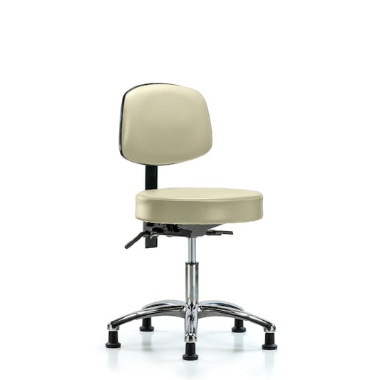 Blue Ridge Ergonomics VMBST-RG-T1-BF-RG-8501 Rutledge Vinyl Stool with Back - Medium Bench Height with Seat Tilt, Black Foot Ring, & Stationary Glides in Adobe White Trailblazer™ Vinyl