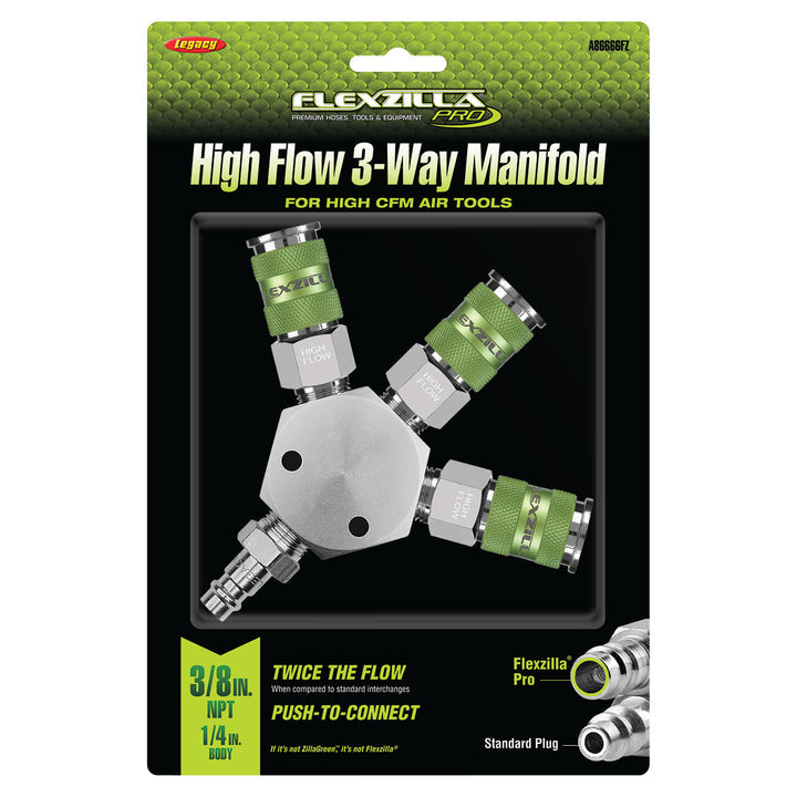 FlexZilla A86666FZ Pro High Flow 3-Way Manifold, 3/8" NPT, includes High Flow Couplers and Plug