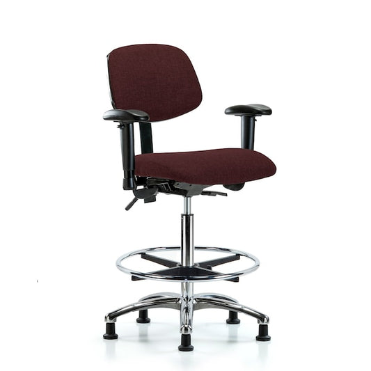 Blue Ridge Ergonomics FHBCH-CR-T0-A1-CF-RG-F41 Rutledge Fabric Chair Chrome - High Bench Height with Adjustable Arms, Chrome Foot Ring, & Stationary Glides in Burgundy Fabric
