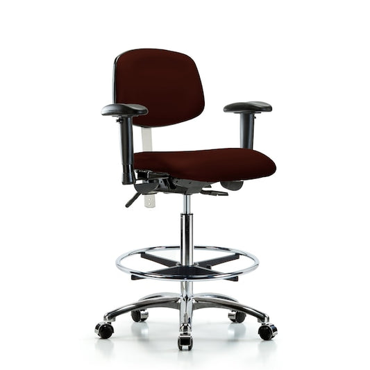 Blue Ridge Ergonomics VHBCH-CR-T0-A1-CF-CC-8569 Rutledge Vinyl Chair Chrome - High Bench Height with Adjustable Arms, Chrome Foot Ring, & Casters in Burgundy Trailblazer™ Vinyl