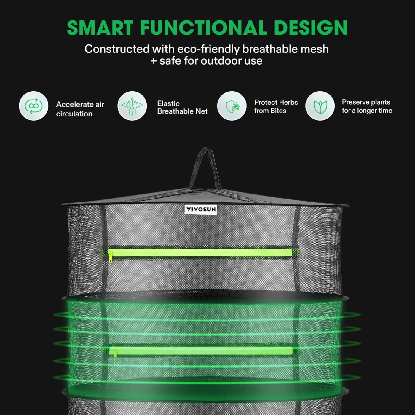 Vivosun 6-Layer Mesh Drying Rack Hanging Design with Green Zippers