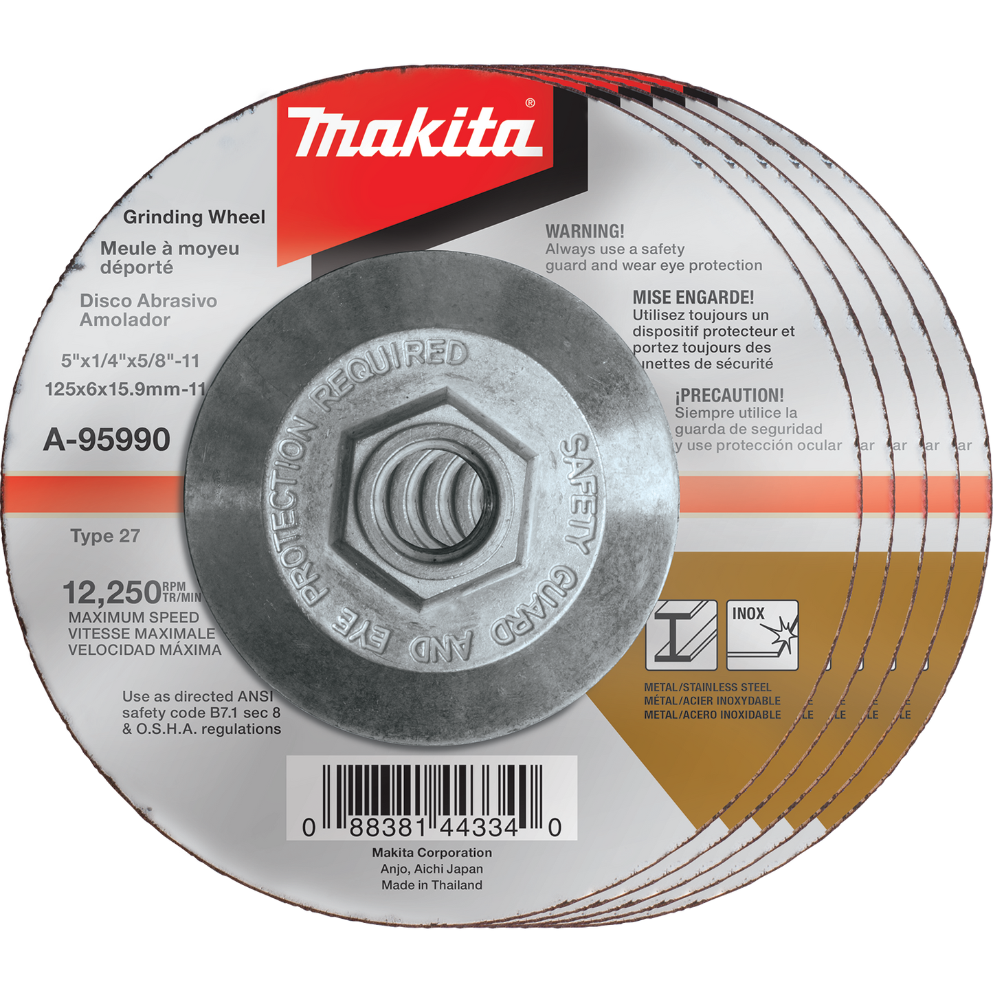 Makita A-95990-5 5" x 1/4" x 5/8‘11" Hubbed INOX Grinding Wheel, 36 Grit, 5/pk