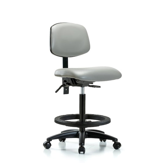 Blue Ridge Ergonomics VHBCH-RG-T1-A0-BF-RC-8567 Rutledge Vinyl Chair - High Bench Height with Seat Tilt, Black Foot Ring, & Casters in Dove Trailblazer™ Vinyl